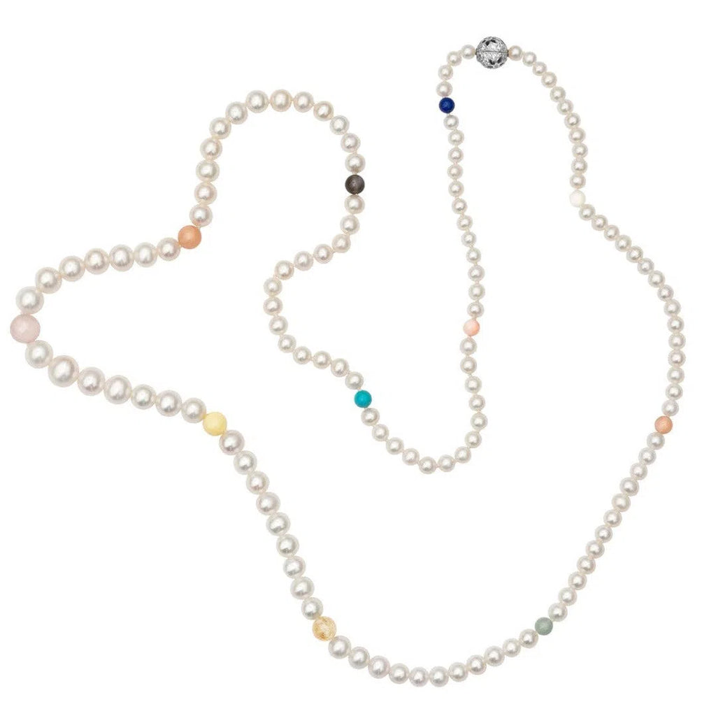 Collier hvid ferskvandsperle med mix sten 90cm