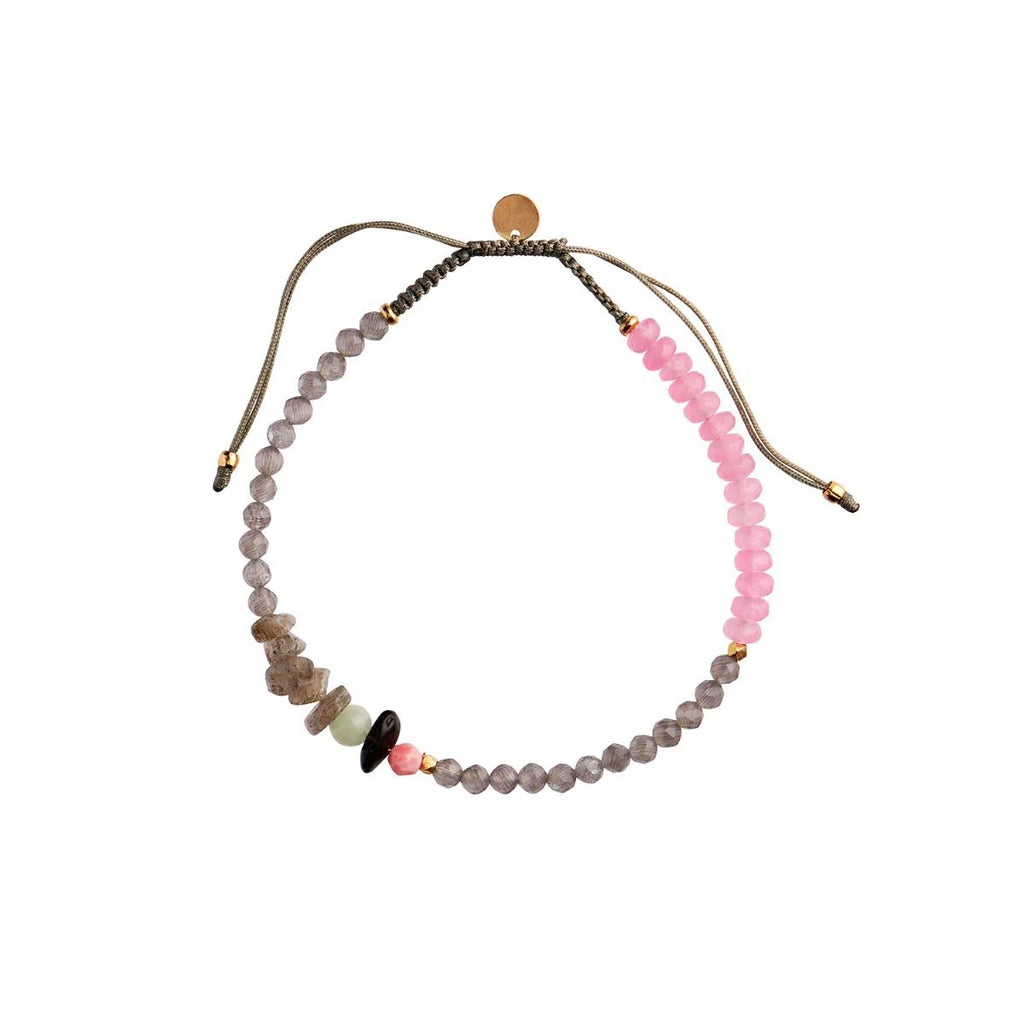 Harmony Bracelet with Calm Grey & Pink Gemstones and Khakigrey Ribbon